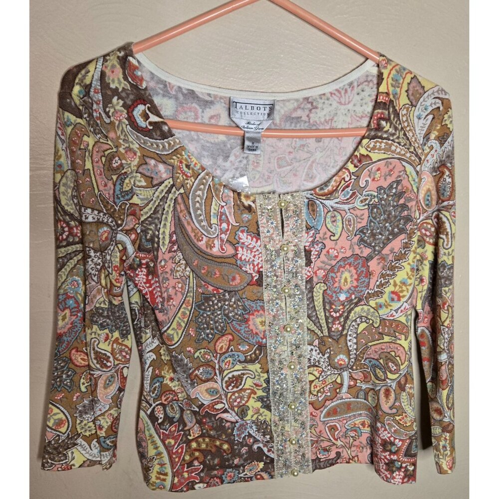 Talbots Collection Bejeweled Top Pearls Bling Button Up Paisley Abstract Sz Smal